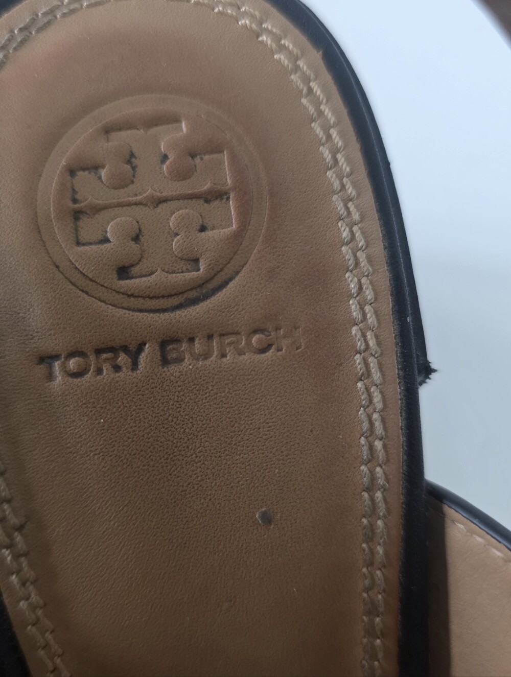 Tory Burch Black Leather Gold Logo Block Heel Sandals - Picture 7 of 9